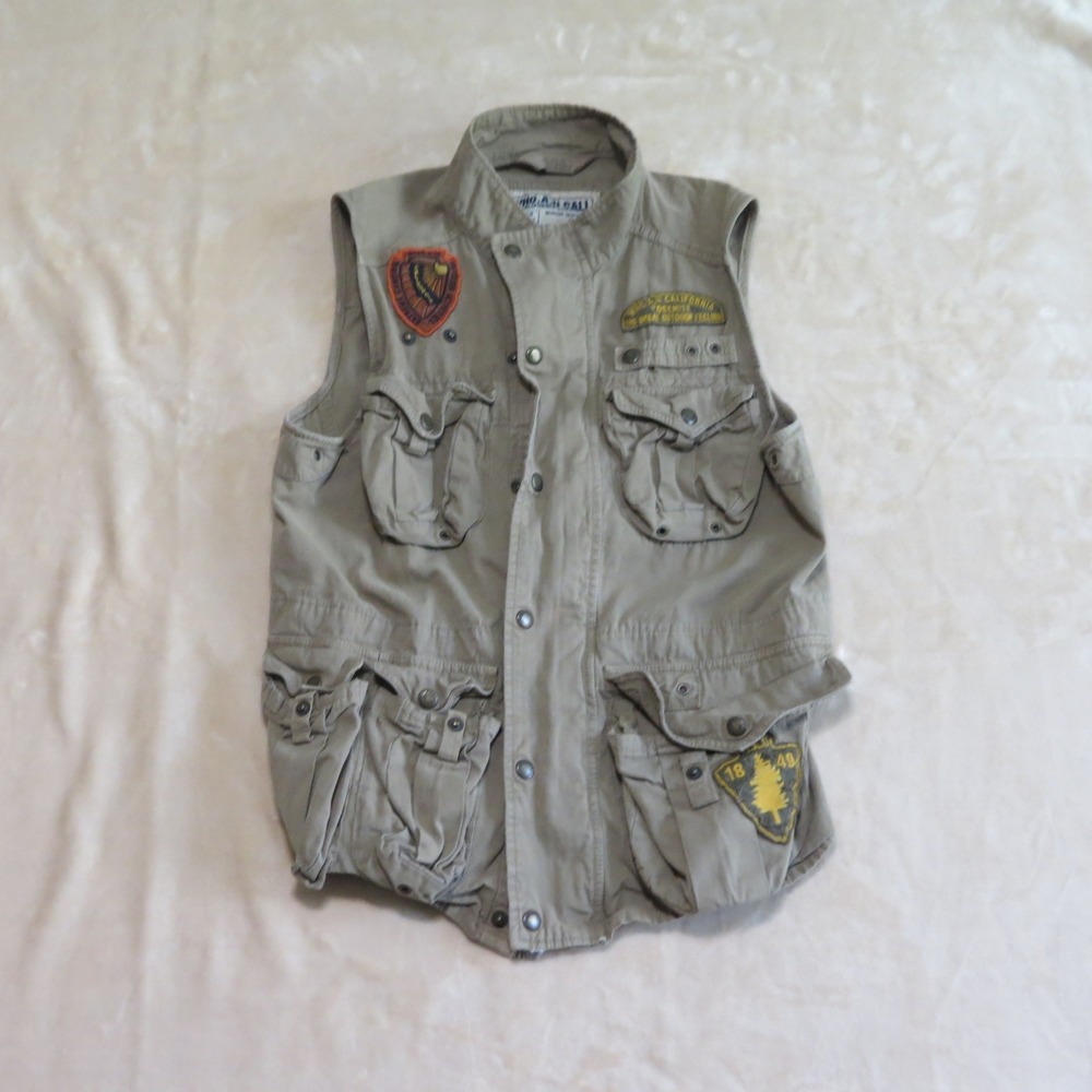 WHO.A.U Cali Men Khaki Utility Cargo Vest Yosemite California‎ Patches Size L